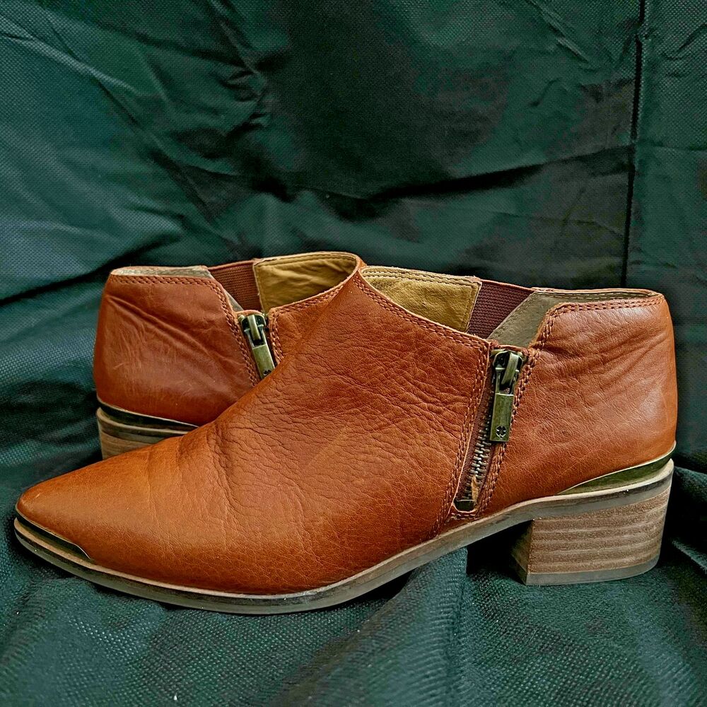 Lucky Brand Koben Ankle Booties 7.5 Brown Leather Side Zip Block Heel Boots Wome